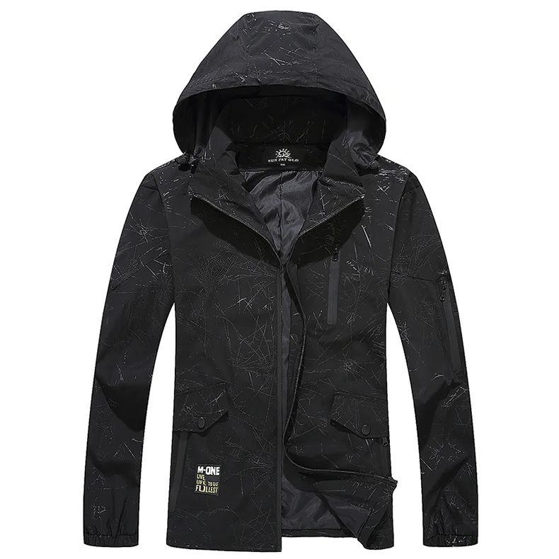 Мужская куртка-бомбер, мешковатая куртка с капюшоном, весна-лето, камуфляжная ветровка на молнии, Мужская черная уличная куртка, смарт-пальто для путешествий, 6XL 8XL XMR05 - Цвет: BLACK 02