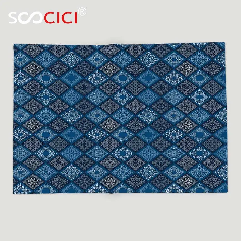 

Custom Soft Fleece Throw Blanket Indigo Floral Indian Ethnic Detailed Squares Patchwork Inspired Image Turquoise Navy Blue