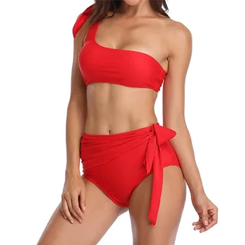 

High-waisted lace-up split solid color bathing suit Push-Up Padded Bra off shoulder bathing suit underwear set 40mr04