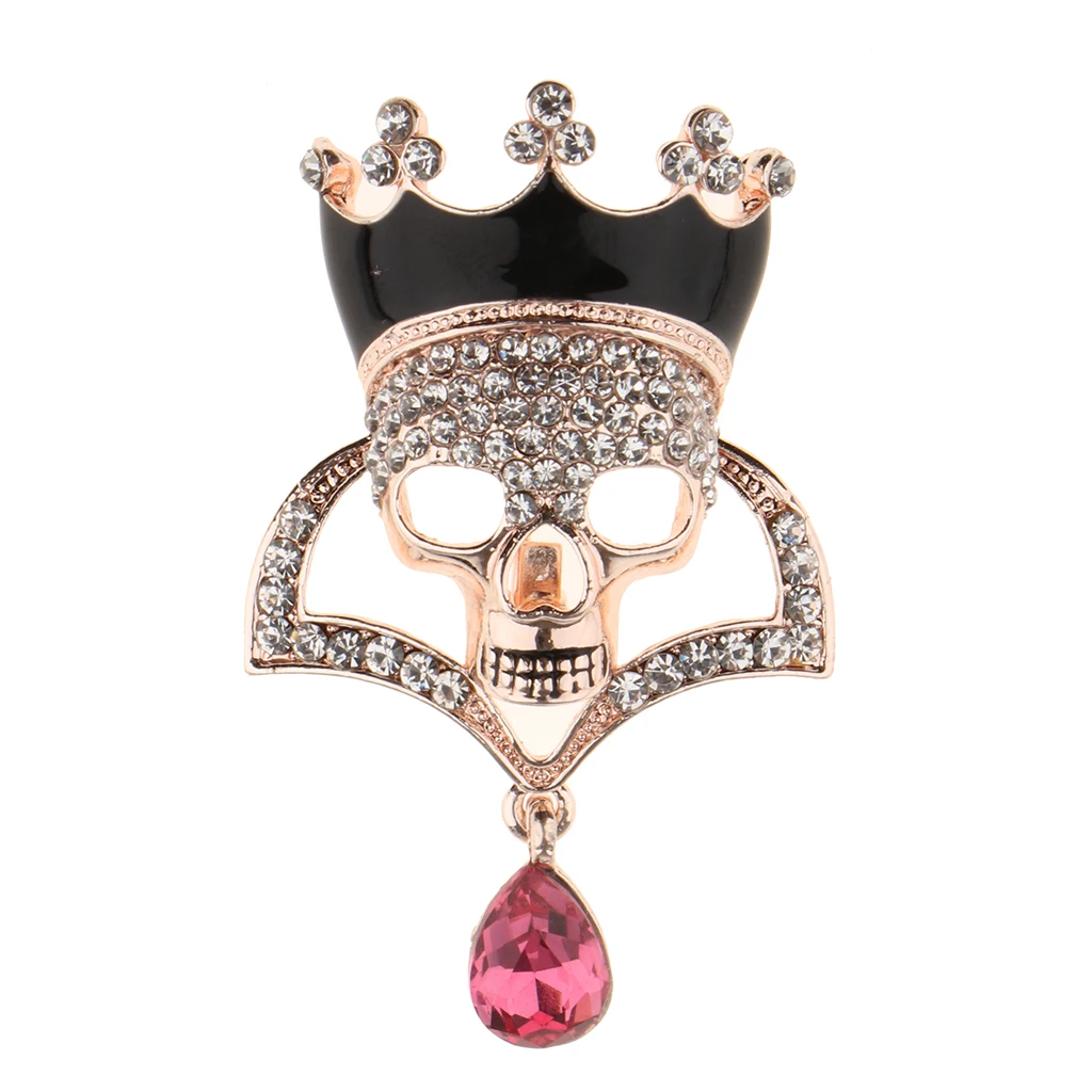 Punk Hollow Rhinestone Inlay Enamel Crystal Crown Skull Head Pin Corsage Brooch Personality Jewelry for Women 