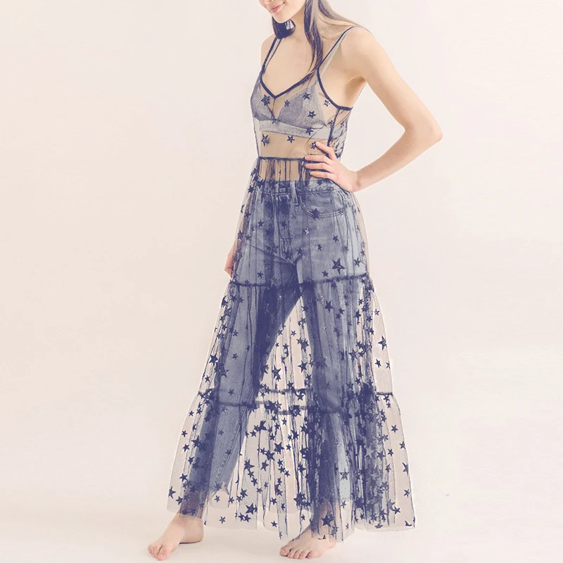 

Ladies Noodles Strappy Cover Up Dress See-Trough Long Tulle Women Dresses