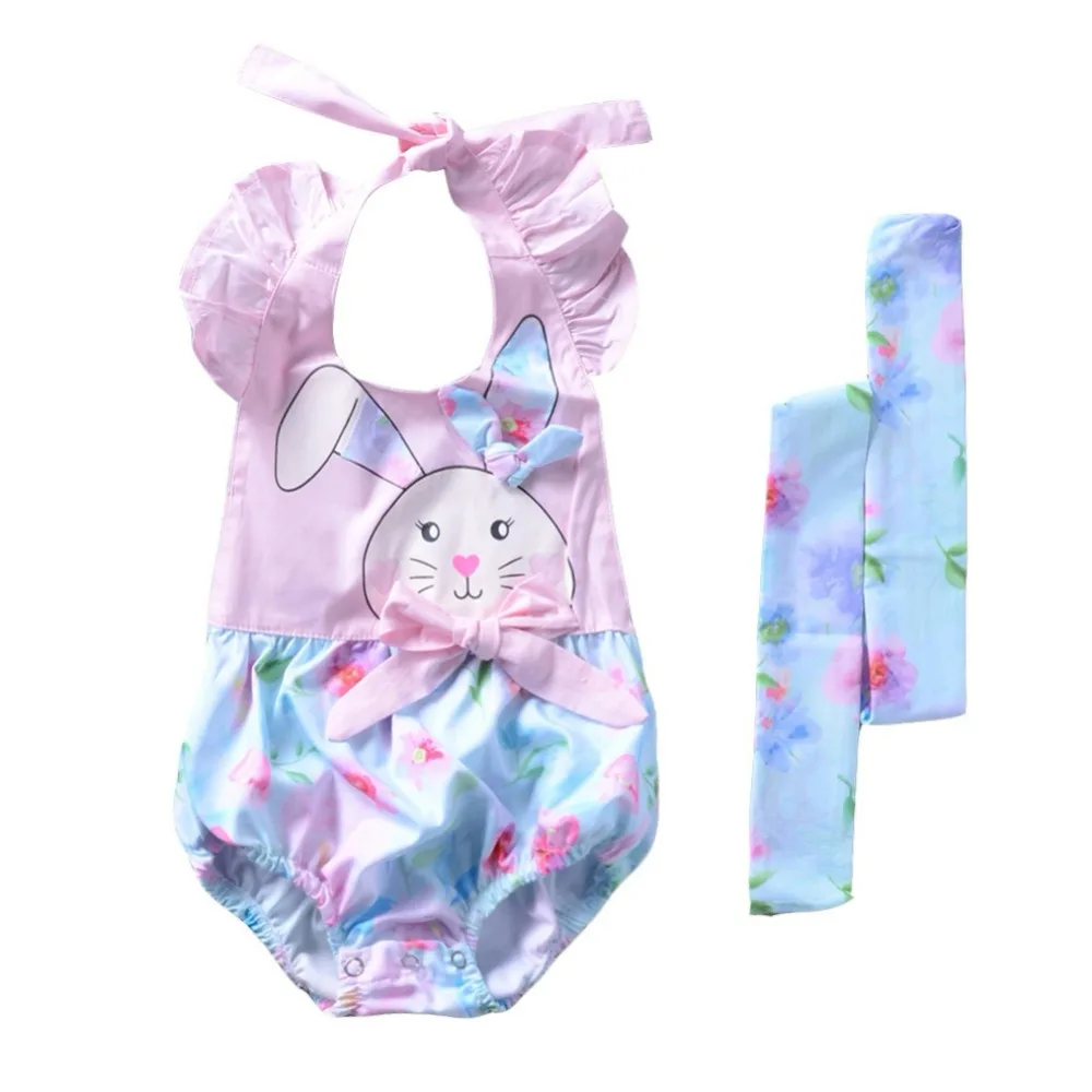 New Baby Bodysuits Summer Rabbits Lace Backless Prints Harem Clothes Baby Cotton Novelty