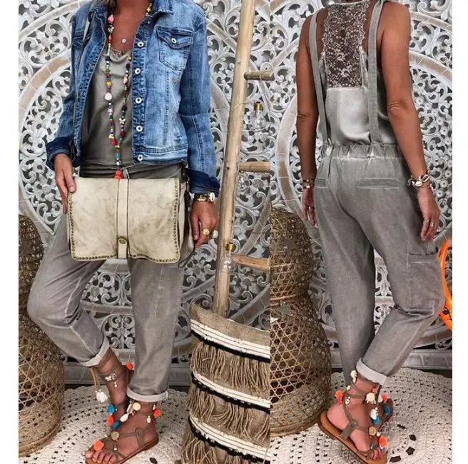 

Women Full Length Overall Rompers Solid Loose Causal Jumpsuit Pants