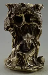 Ремесла статуя Китай Коллекционная Оформлен Серебряная Плита Меди Фишман Ветке Дерева Кисть Горшок хэллоуин
