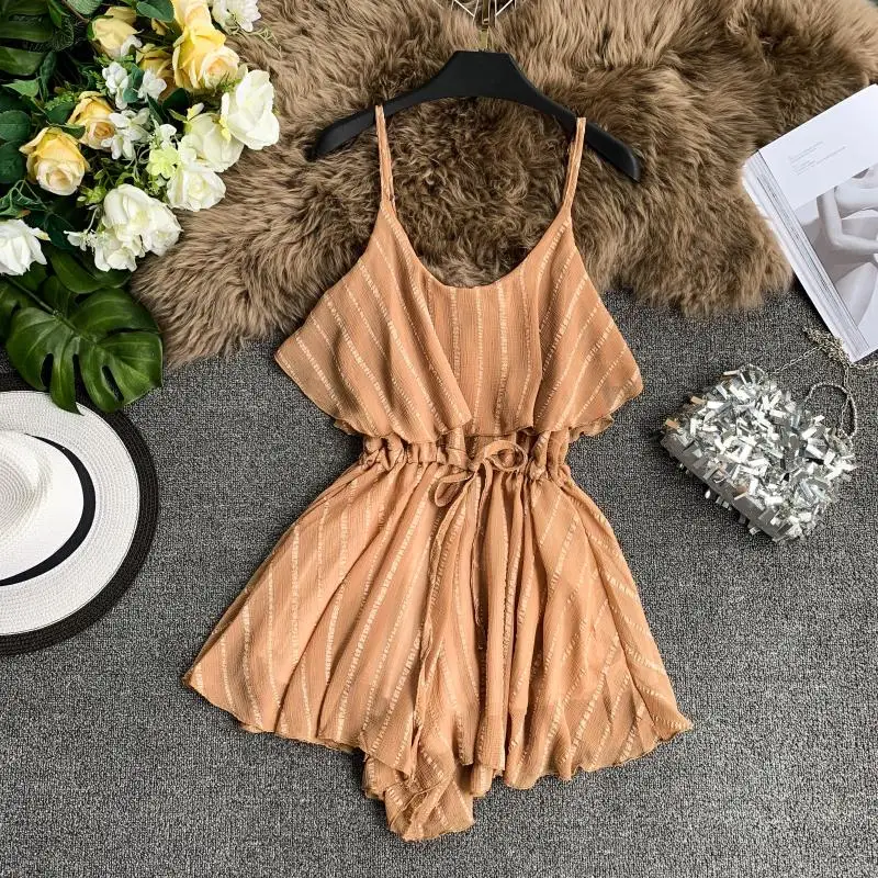 

New Summer 2019 Round Neck Ruffle Striped Broad-legged Playsuits Women Sleeveless Sexy Jumpsuits Overalls F019