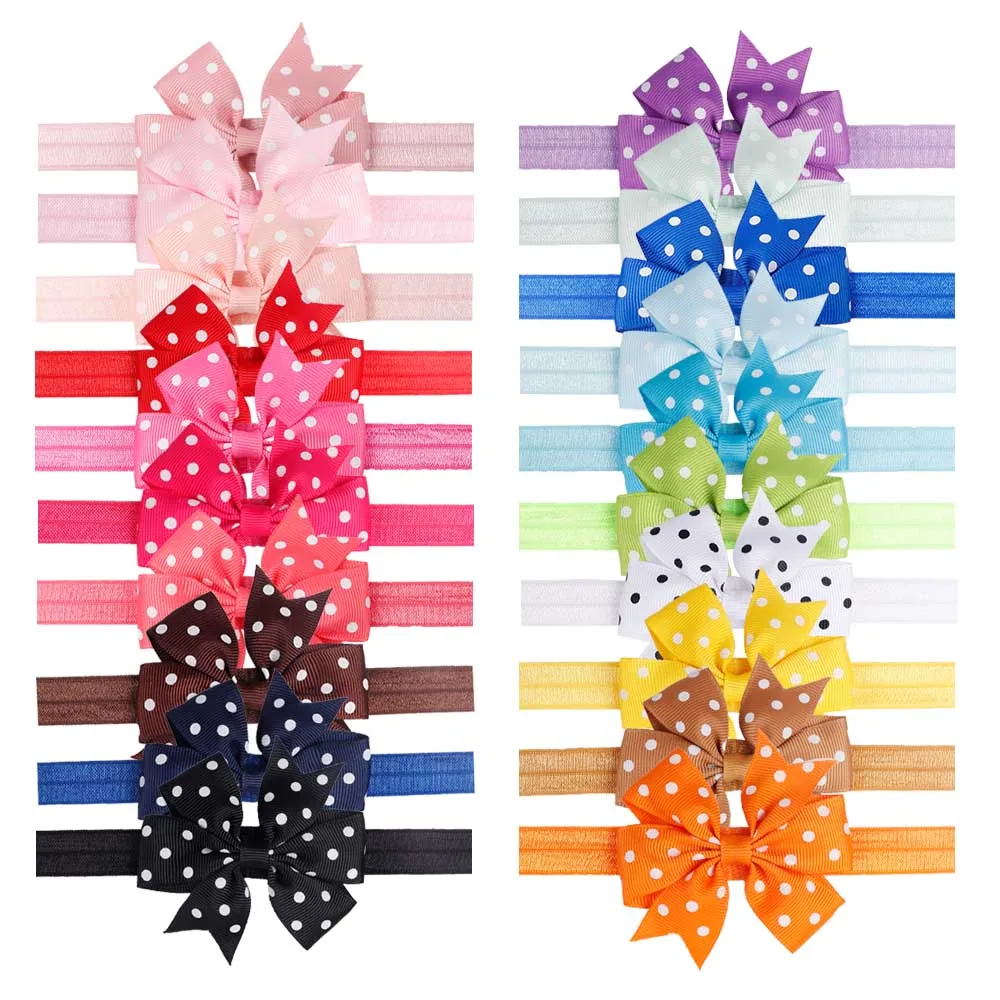 

20pcs/lot Unisex Dot Print Headband Pinwheel Grosgrain Hair Bow Colorful Fine Elastic Band For Newborn Hair Accessories