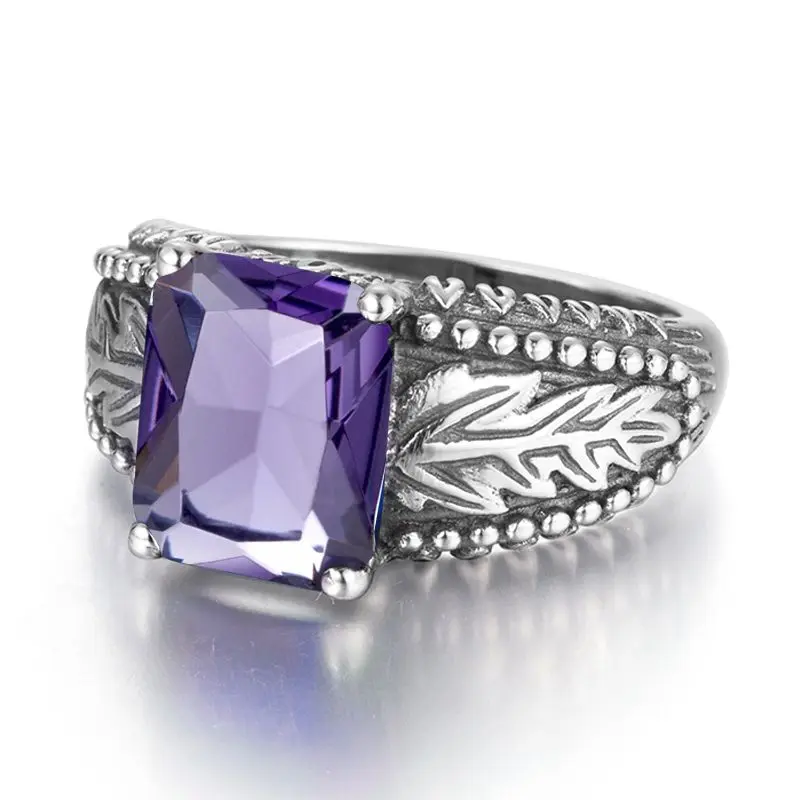 SzjinAo Wholesale Handmade Solid 925 Sterling Silver Finger Rings For Women Vintaga Square Amethyst Ring February Birthstone