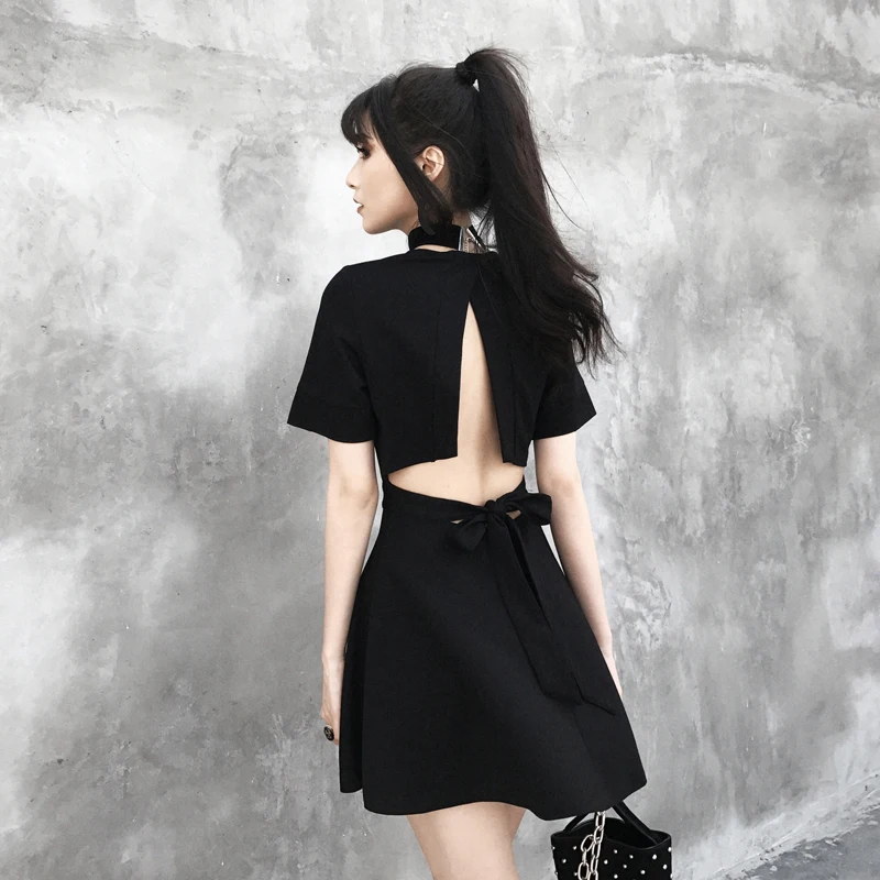

New Summer Fashion Gothic Dresses For Women Backless Deep V Neck dress slim A-shaped Black Sexy Vestidos Short sleeve Dress