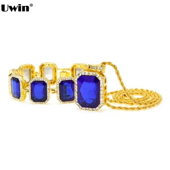 

Mens Hip Hop Necklace & Bracelet Set Gold-Tone Iced Out Square Blue Black Color Stone Pendant Rope Chain Necklace