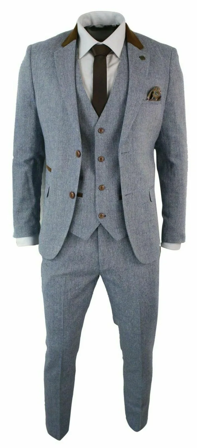 

Mens 3 Piece Herringbone Tweed Light Blue Sky Brown Slim Fit Suit Vintage custom