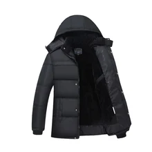Fashion Men Down Jacket Black Warm Hood Coat Cotton Parka Winter Thick Coat Outwear Jacket Overcoat Windproof Lengthened Clothes