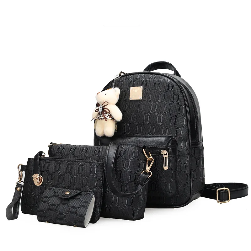 

Vintage pure color pu leather fashion simple casual backpack college style zipper open bag Lovely bear four-piece women backpack