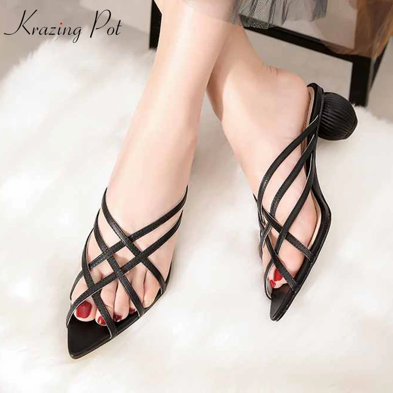 

Krazing Pot 2019 natural leather summer mules women fashion style women round med heels gladiator princess slip on sandals l18