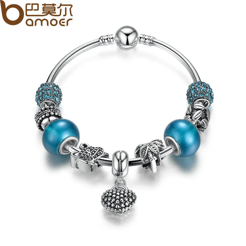 

BAMOER Silver Mother Son Charm Bracelets Heart Pendant Bangle with Blue Crystal Beads Mother's Day Gift PA3075