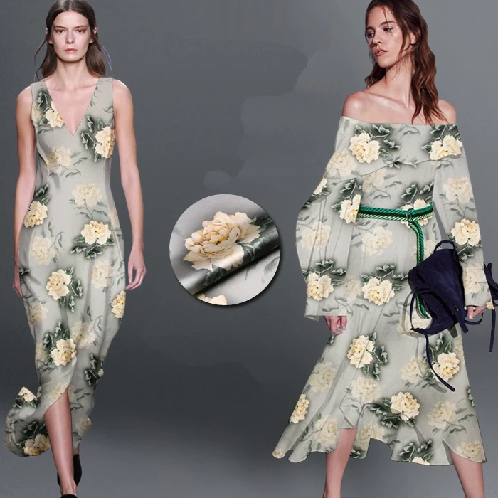 

118CM Wide 19MM 93% Silk & 7% Spandex Light Yellow Floral Print Stretch Silk Satin Fabric for Dress Cheongsam D994