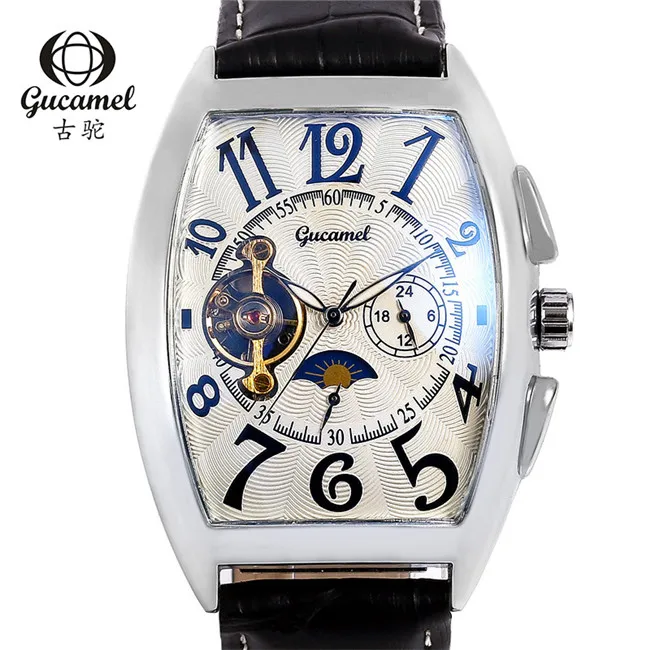 GUCAMEL Tourbillon Платье Мужские часы в деловом стиле Роскошные Tonneau деловые часы для мужчин водостойкий кожаный мужской reloj hombre - Цвет: 2