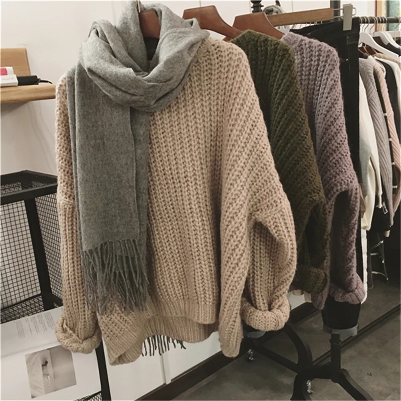 Новинка, Осень-зима, корейский стиль, длинный рукав, Свободный пуловер, свитера для женщин, грубая линия, вязаный свитер, Повседневный, однотонный, B974