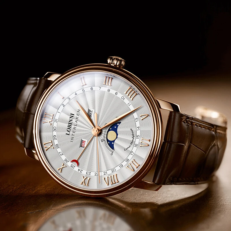 Switzzerland LOBINNI, мужские роскошные брендовые кварцевые часы, сапфир, водонепроницаемые, фаза Луны, Япония, кварцевые, для мужчин, t, для мужчин, wacth