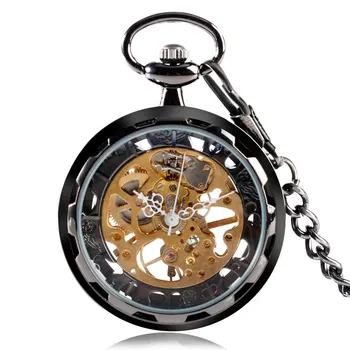 

YISUYA Mechanical Pocket Watch Men Black Stylish Pendant Open Face Vintage Fob Hand-winding Luxury Transparent Watches