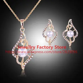 

200sets/lot peal crystal luxury wedding necklace earrings set big crystal lady gold jewelry wholesale necklace earrings set