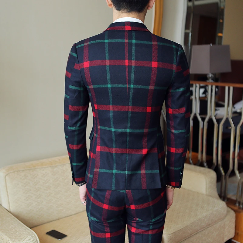 Мужской костюм в красную клетку пиджак + жилет брюки свадебные вечерние костюмы
