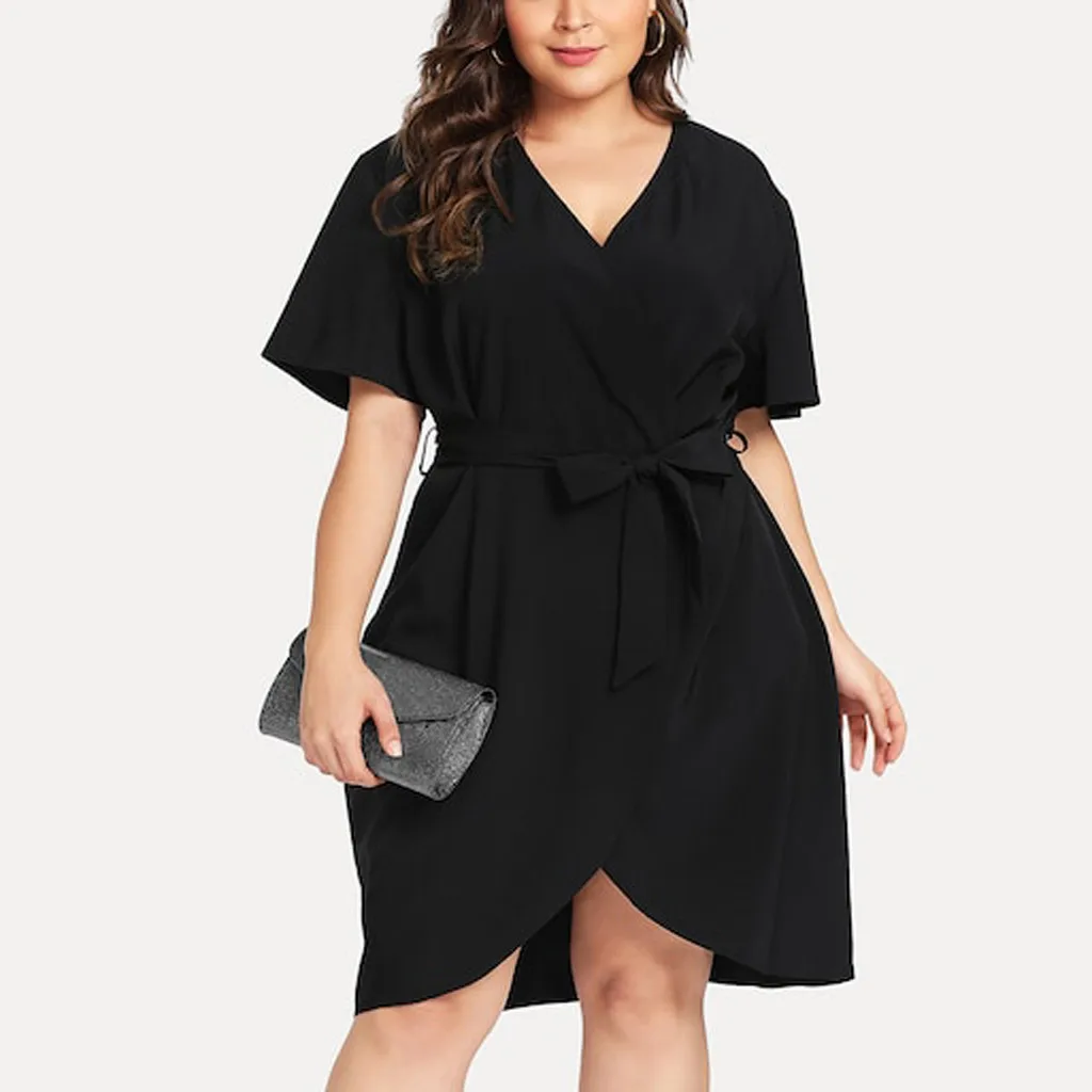 

Fashion Women Plus Size Casual Dress V-Neck Belt Bandage Solid Curved Hem Surplice Wrap Dress women club party wear robe femme