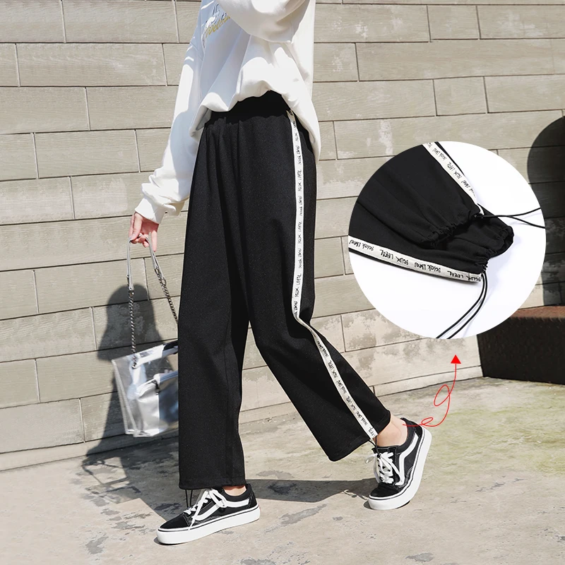 

Spring Women's Broad-legged Pants 2019 New Korean Nine-point Straight-barrel Bf Student Loose High-waist Sports Hallen Pants