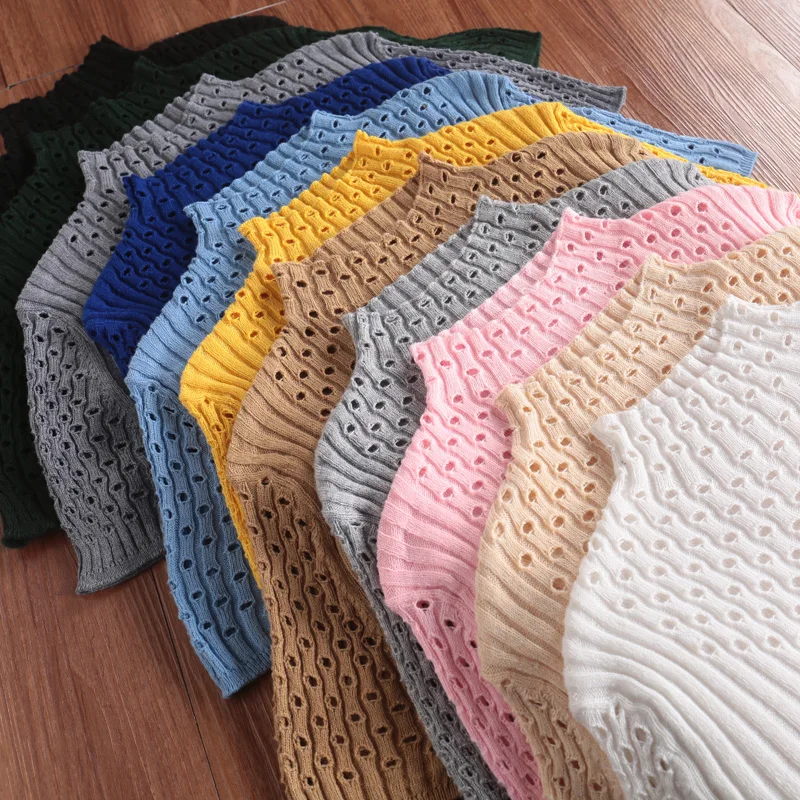 

Spring Summer Women Solid Sweaters JECH Big Oversized Cashmere Wool Hollow Short Sleeve Turtleneck Pullovers Slim Jumper Knitted
