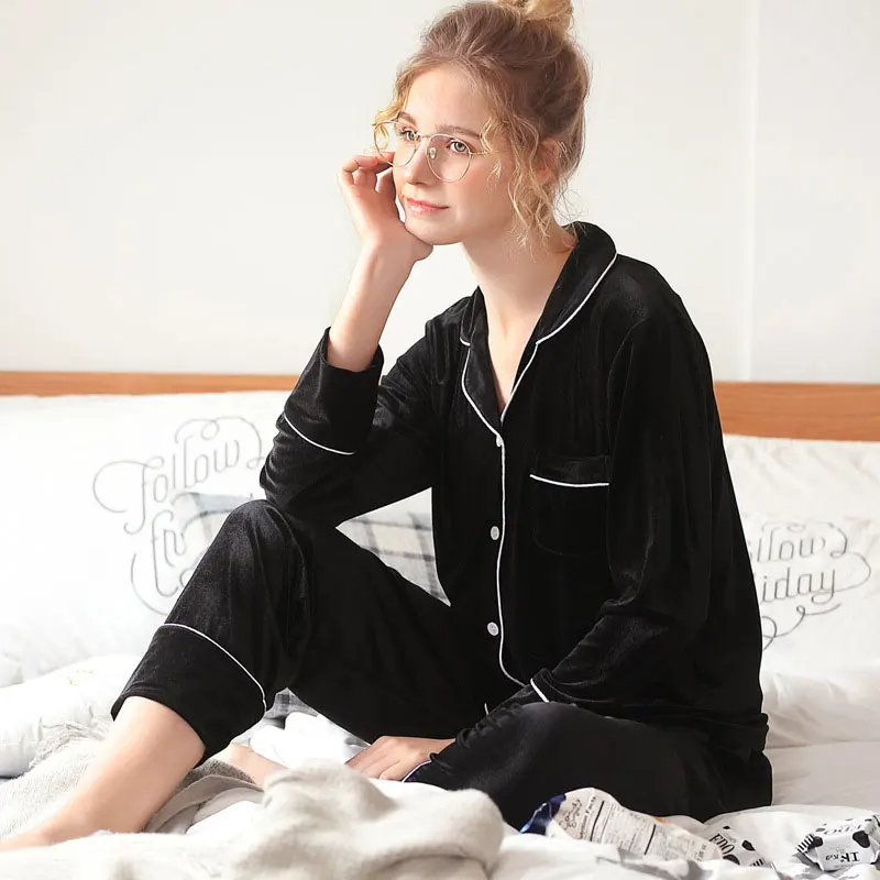 Новые мужские и женские теплые пижамы зимние золотые бархатная Пижама femme pijama stich зимняя пара пижамы ночной костюм pijamas - Цвет: black
