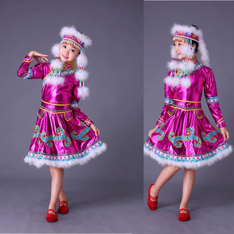 

national dance costumes for girls Sinkiang clothing Kids chinese mongolia clothes for Girls dancing costumes dress with Hat