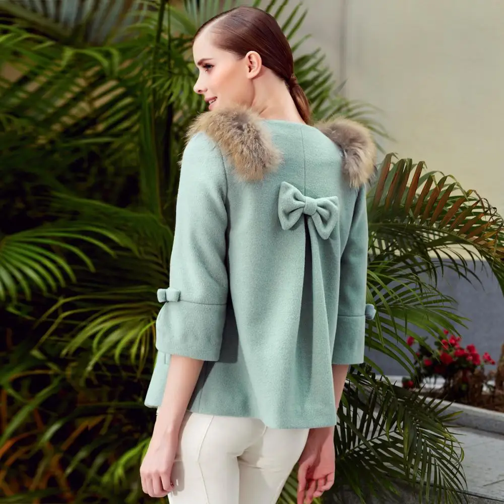 New 2014 Spring Brand Women Woolen Coat OL Commuter Elegant Fashion Colorful Slim Wool Raccoon Fur Collar 3/4 Sleeve D37054|coated tablecloths|coats
