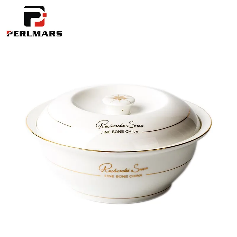 Sopera De Cerámica Con Tapa Y Cucharón - 1.5 Litros, Blanco Con Borde Dorado, Elegante Para Servir