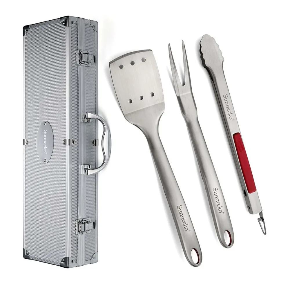 SUNNECKO 4pcs BBQ Grilling Tool Set Aluminum Storage Case Stainless