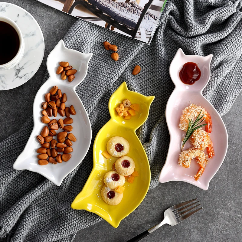 Японская креативная тарелка с милым котиком, тарелка с сердечком, мультяшное керамическое блюдо, фруктовая Салатница, тарелка, Западная Посуда, тарелка для суши
