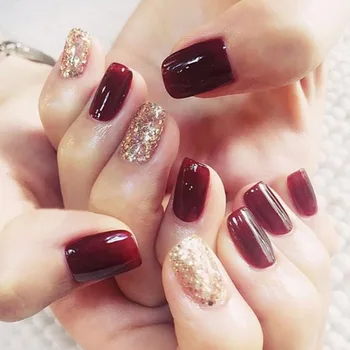 

24pieces Deep Wine Golden Glitter 3D Acrylic Plastic Art Short Fake false Sticker Nail Tips Free Glue Gel Valentine's Day gift