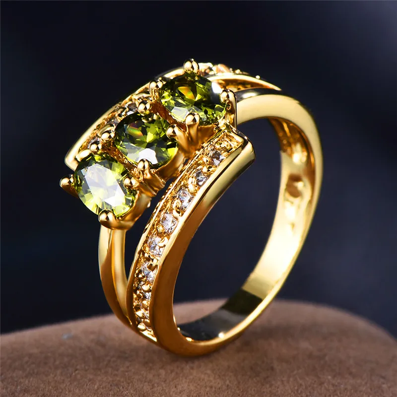 Luxury Female Olive Green Stone Cross Ring Simple Yellow Gold Filled Double Layers Ring Cute Engagement Wedding Rings For Women