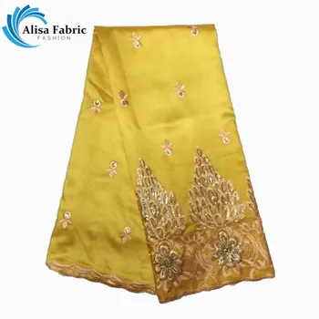 

Hot Sale! Yellow African George Satin Lace Fabric High Quality Embroidered & Sequins African George Fabric For Dress 5 yards/lot