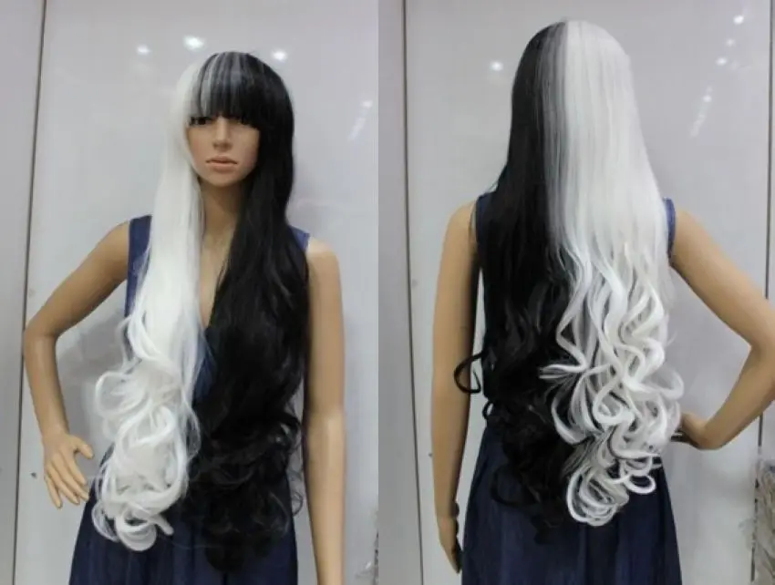 

FREE SHIP>>>Hot Sell! New Long black & white cosplay party Curly Wig