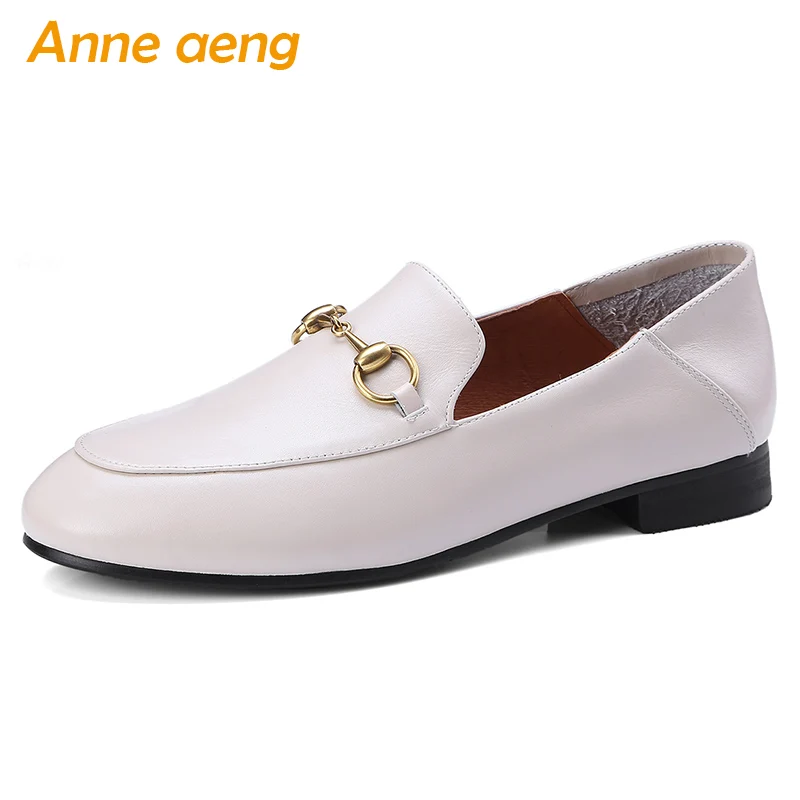 

2019 New Autumn/Spring Genuine Leather Women Pumps Low Heel Square Toe Metal Fashion Casual Women Shoes Beige Female Loafers