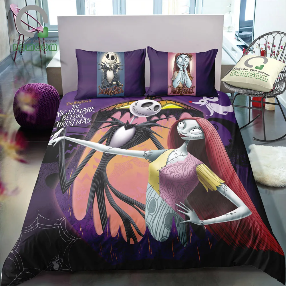 

BOMCOM 3D Digital Printing Duvet Cover Set Jack and Sally Couple Dance Nightmare Before Christmas Bedding Set 100% Microfiber