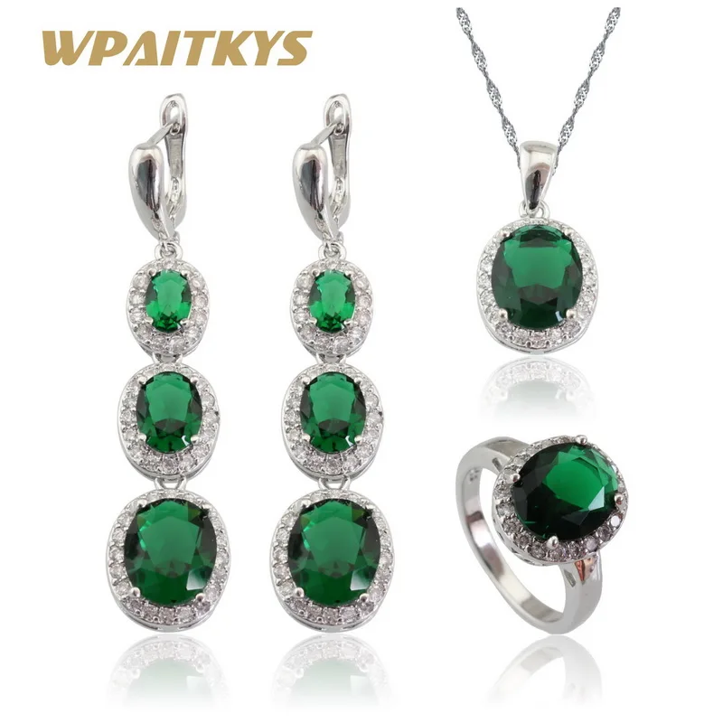 

Round Green Crystal White CZ Silver Color Jewelry Sets For Women Necklace Pendant Long Earrings Rings Gift Box WPAITKYS
