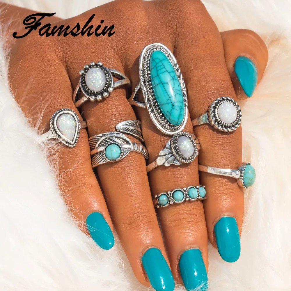 

FAMSHIN Vintage Geometric Stone Opal Rings Set For Woman Bohemian Antique Silver Color Knuckle Shield Rings Fashion Party Jewelr