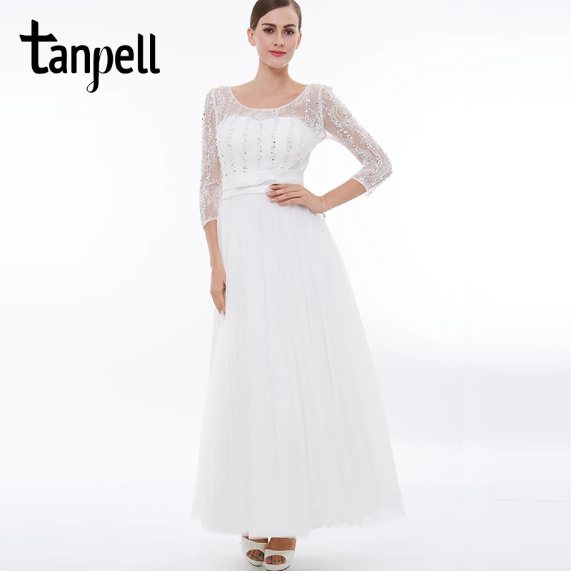 Tanpell Lange Prom Kleid Weiss Scoop 3 4 Lange Armeln Boden Lange Eine Linie Kleider Perlen Bander Zuruck Lace Up Formale Abendkleid Prom Dress White Prom Dresseslong Prom Dresses Aliexpress