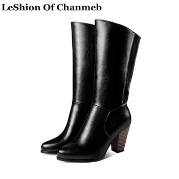 

2020 Soft PU Leather Mid-calf Boots for Women's Very Larger Size 33-52 Zipper Spike Heels Warm Winter Shoes Ladies Biker Boots