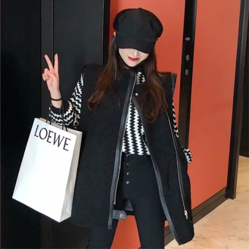 Осенняя и зимняя женская новая однотонная, с приметанными оборками в длинное пальто с жилетом Женская мода дикий темперамент жилет - Цвет: Черный
