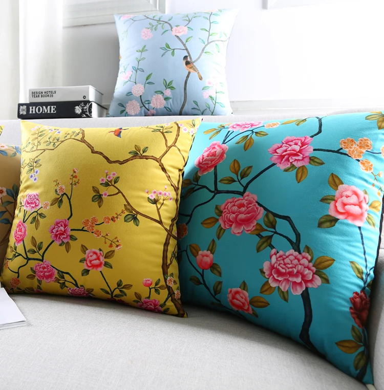 

Декоративные наволочки с желтыми птицами и цветами, китайская искусственная Синяя бархатная наволочка, бархатная наволочка для дивана