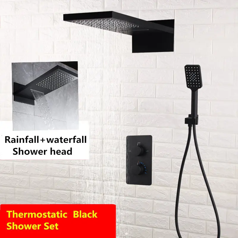 Luxury Matte Black Thermostatic Shower Head Set Rainfall Waterfall