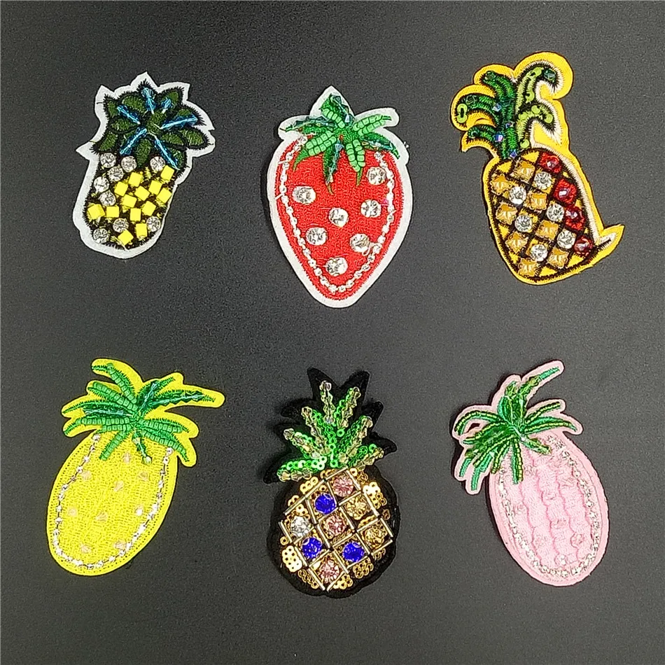 

3D Handmade Rhineston beaded Patches fruit pineapple strawberry Sew on sequined patch for clothing beading Applique cool patch