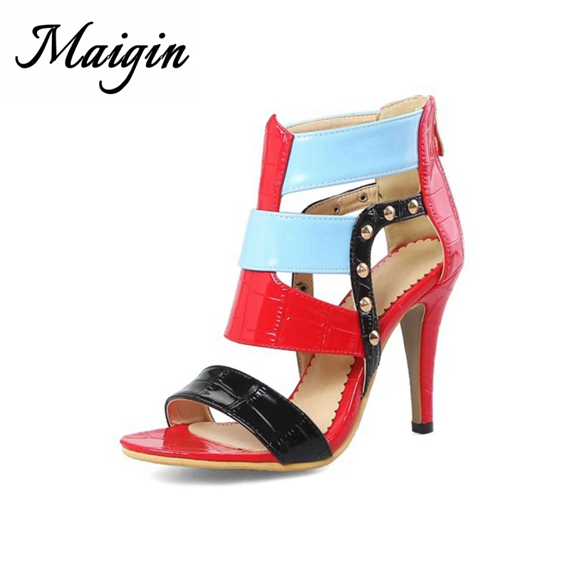 Maigin Red Bottom High Heels Summer Sandals 2018 Stitching Hollow Out Womens Sandals Thin Heel Rivet Female Shoes Women Footwear