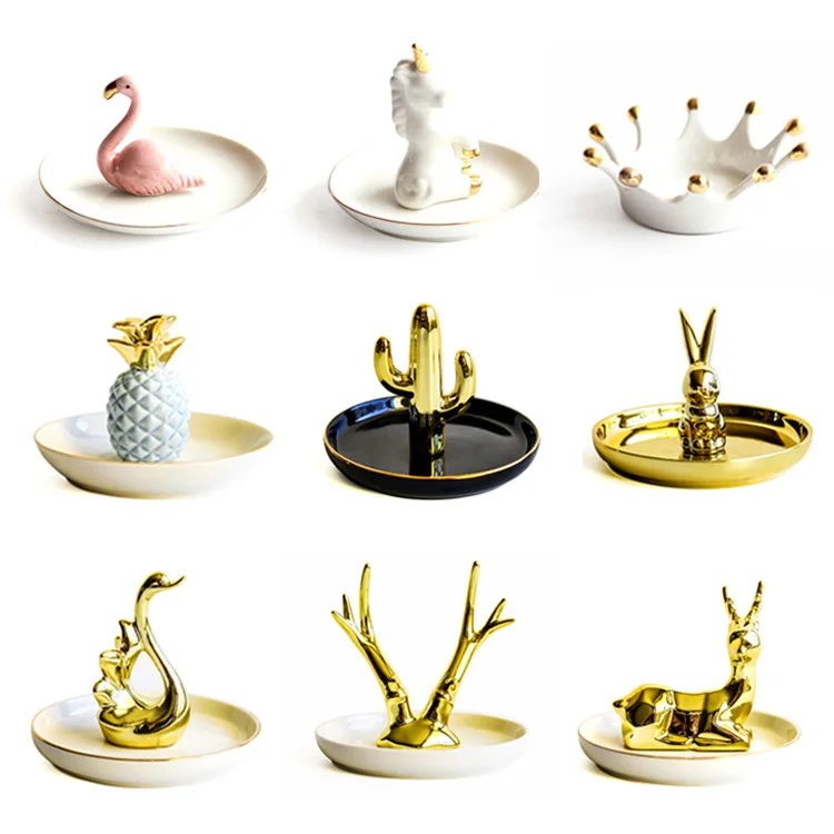 

Europe Ceramic Animal Plant Jewelry Dish Ring Earring Necklace Decorative Plate Bandeja Candy Dessert Tray Plates Bowls
